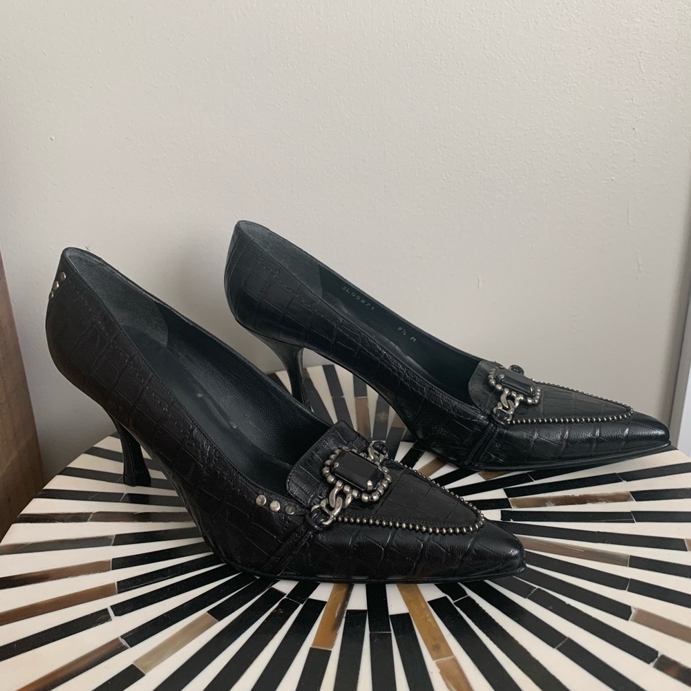 STUART WEITZMAN leather pumps with edgy beading & bejewelled detailing on toes.
